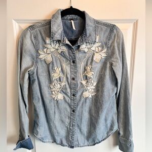 Free People Floral Embroidered Denim Button-Up Shirt